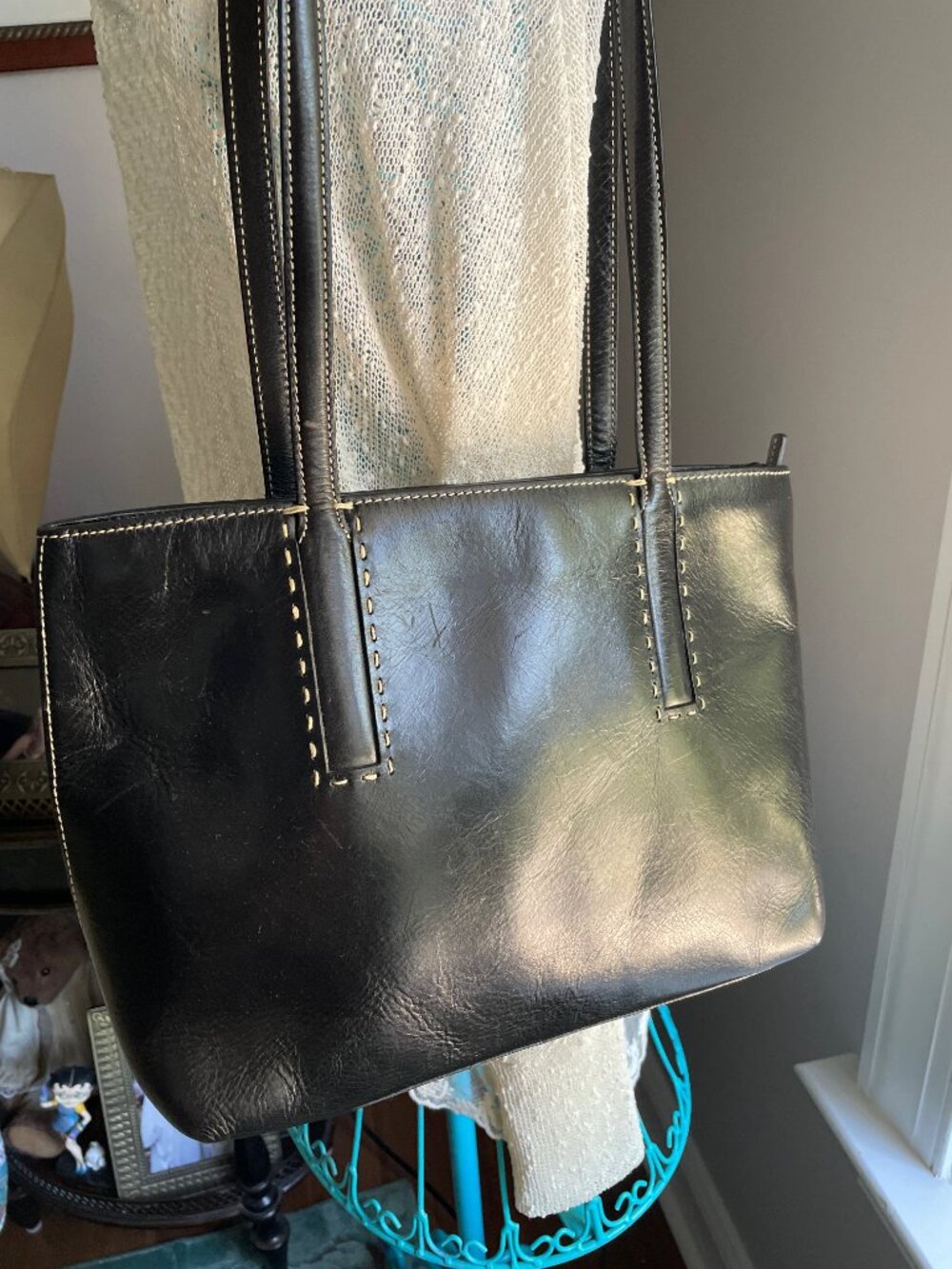 Genuine Leather Crossbody Bag — Black with Cream Contrast Stitching